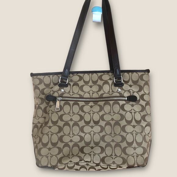 Authentic Coach Jacquard Monogram Tote Purse Brown Tan with Leather Trim - Picture 2 of 15